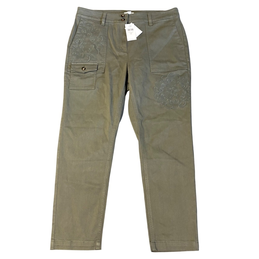 J.Jill Caraway Embroidered Utility Pants Women 14P Olive Green Cargo Boho 215532